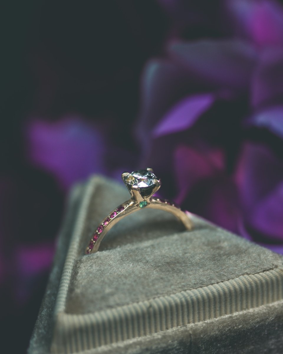 75 CARAT SALT PEPPER ENGAGEMENT RING, EMPRESS SETTING, 18K Gray